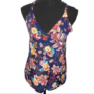 Haute Hippie Sleeveless Halter Neck Floral Dark Blue Silk Summer Top Sz Small